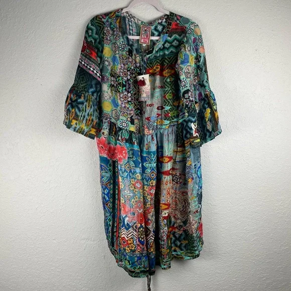 Johnny Was Green Blue Bell Sleeve Midi Dress - Picture 3 of 9